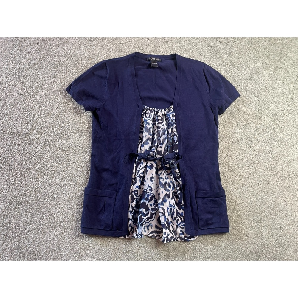 August Silk Shirt Women's Size Small Navy Blue Faux Layered Lace Tie Pockets